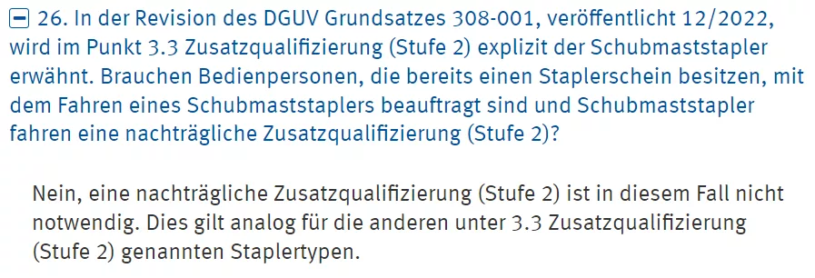 Zusatzqualifizierung Schubmaststapler Nachholen DGUV